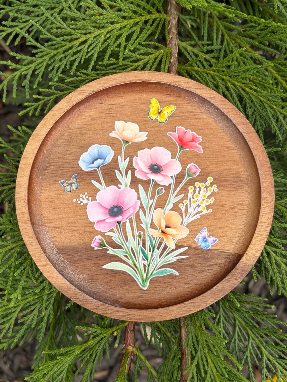 Floral Wood Round Tray with Pastel Bouquet